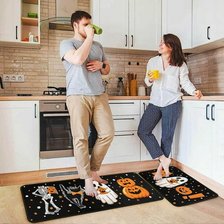 

GARENAS Shower Mat for Halloween Decor Kitchen Carpet (2 Pieces) Pumpkin Alphabet Kitchen Carpet Washable Cushion Comfortable Kitchen Carpet Set