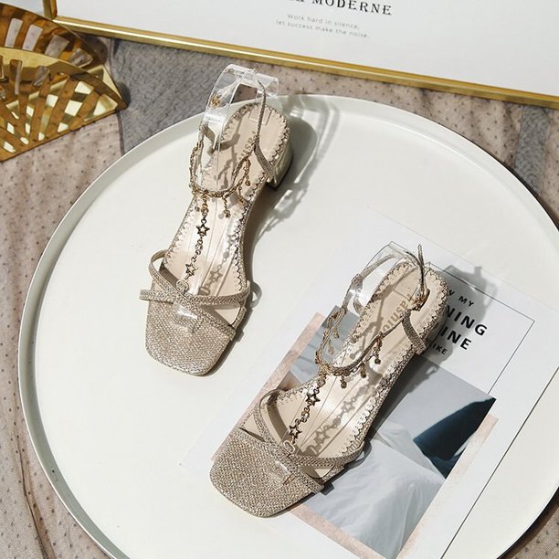 Sandalias de tacón medio, zapatos de verano 2023 para mujer, sandalias transparentes con hebilla Sexy a la moda para mujer, zapatos de mujer con cadena de tacón cuadrado39 Gao Jinjia LED