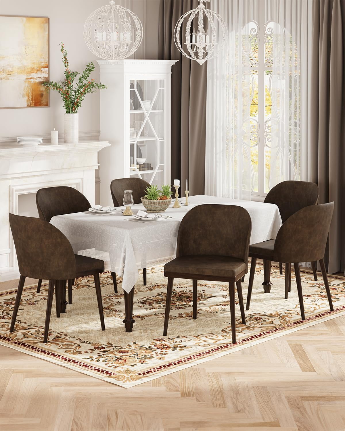 EOP Modern Upholstered Dining Chairs Set of 6, Wooden Dining Side Chairs with Curved Backrest, Armless Kitchen Chairs for Dining Room & Restaurant, Dark Brown