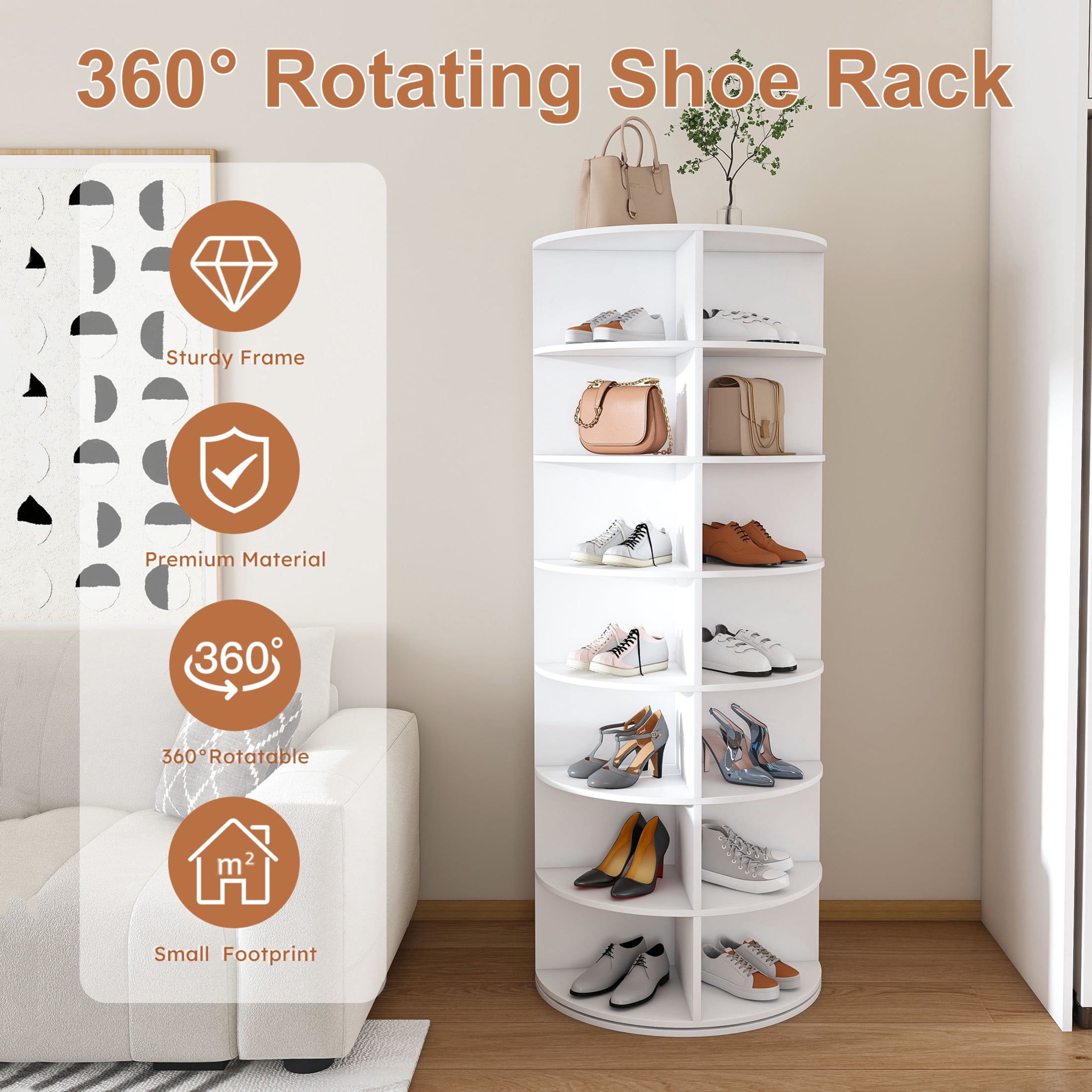 Noble House 7-Tier Rotating Shoe Rack Tower, 360° Freestanding Shoe Organizer for 28 Pairs, White