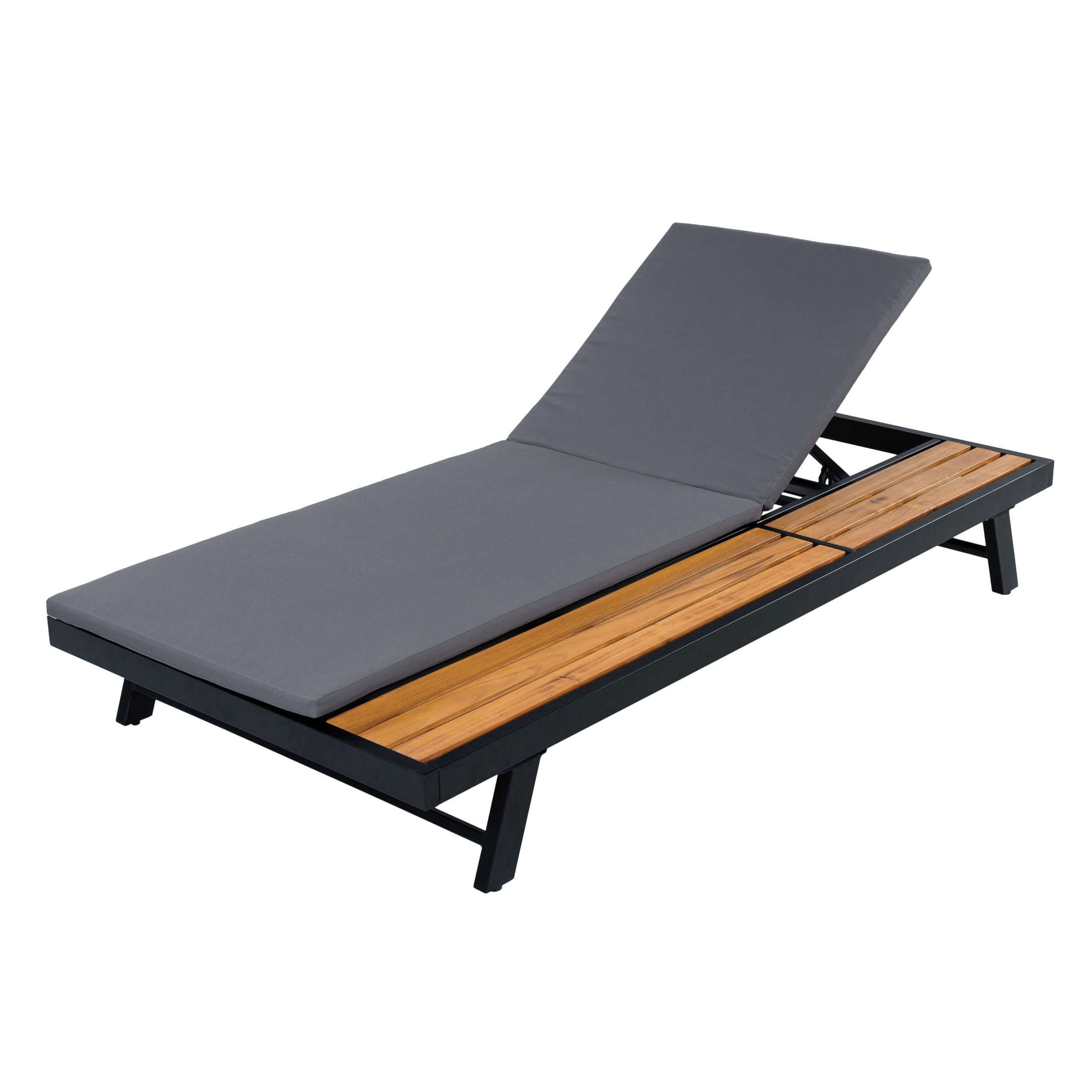 Christopher Knight Home Adjustable Outdoor Iron Chaise Lounge with Cushion, Wood Side Shelf, Black+Dark Gray