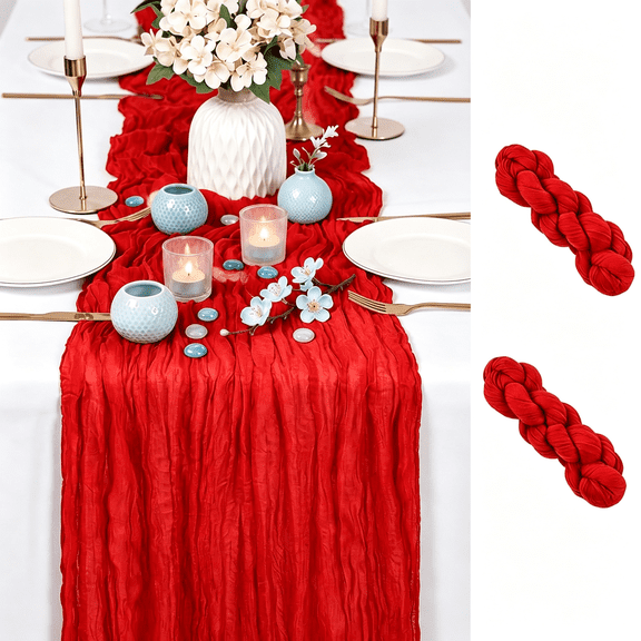 AUQ 2 Pack Red Cheesecloth Table Runner 17X108",Semi Sheer Red Gauze Table Runner for Wedding,Boho Rustic Farmhouse Dining Table Decor,Bridal and Baby Shower