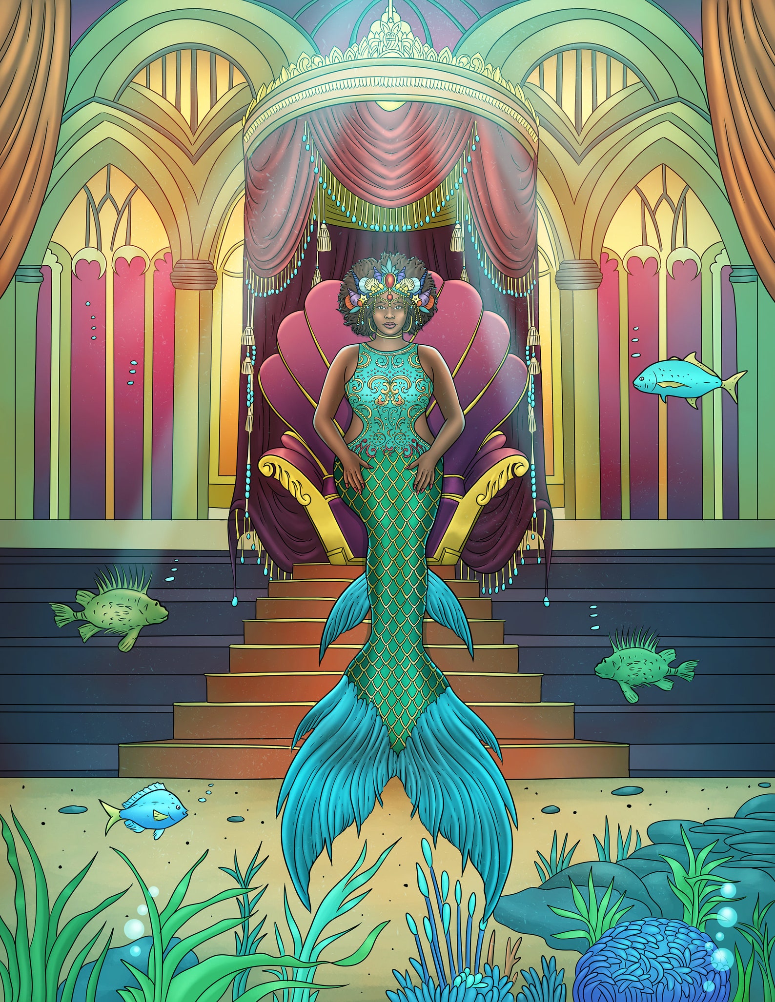 Fantasy Mermaid Art Print, African American Mermaid Wall Art, Black