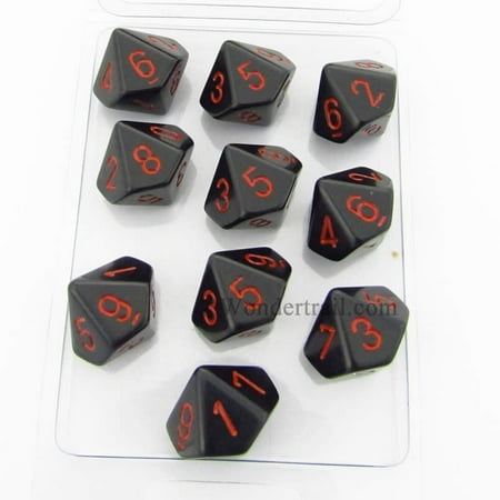 black opaque dice with red numbers d10 16mm 5 8in pack of 10 dice