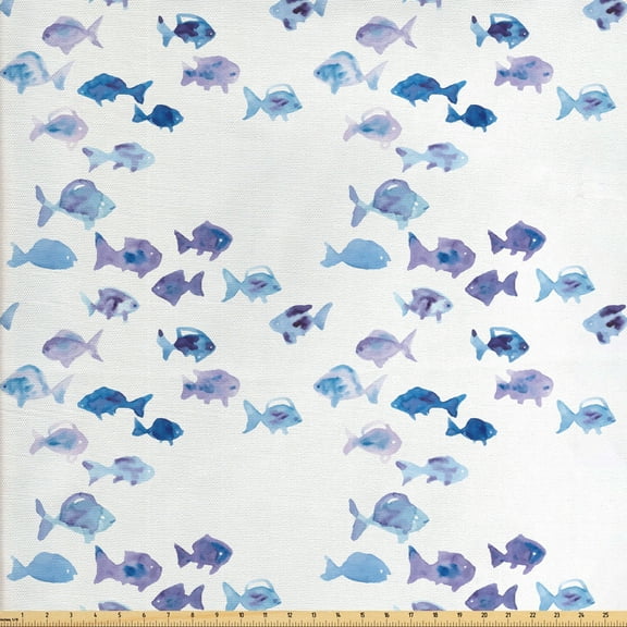 Ambesonne Animal Fabric by the Yard Upholstery, Watercolor Fishes, 10 Yards, Pale Blue Mauve Blue
