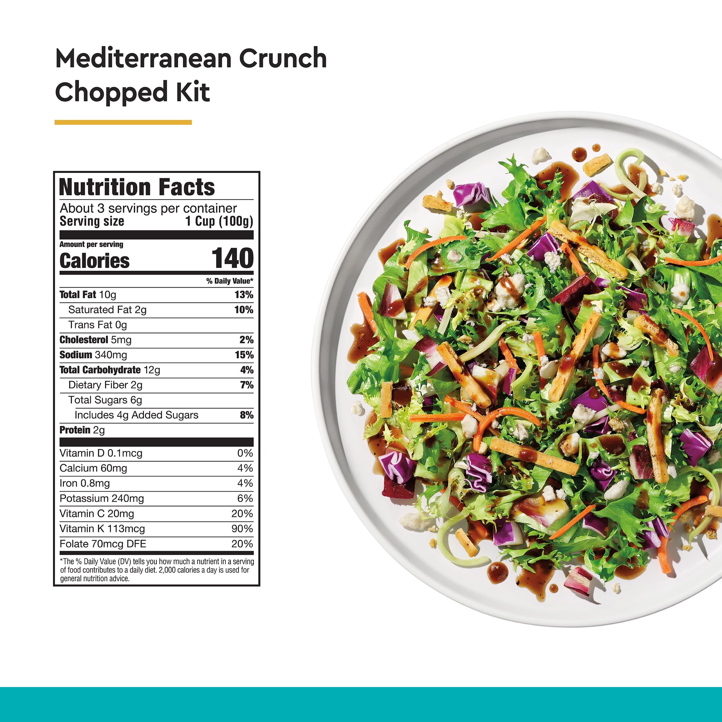 Taylor Farms Mediterranean Crunch Chopped Salad Kit, 10.89 oz Bag, Fresh, Vegetarian, Soybean Free