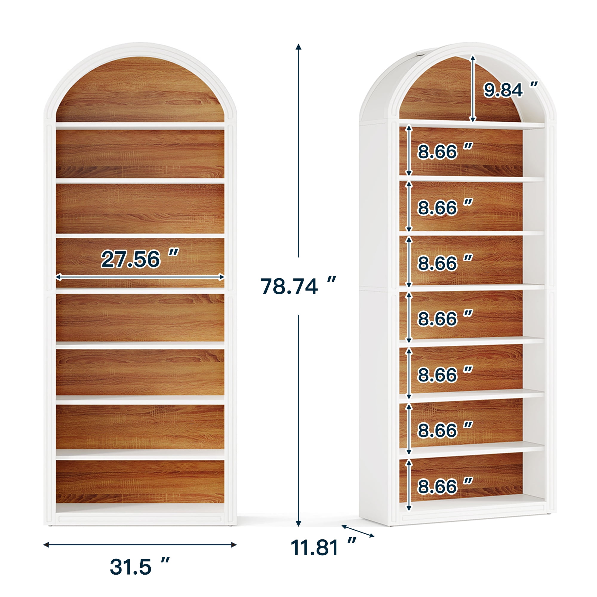 Demi Bonn 78.7" Bookshelf, 8-Tier Wooden Arched Bookcase Display Shelving Unit for Bedroom, Living Room, White