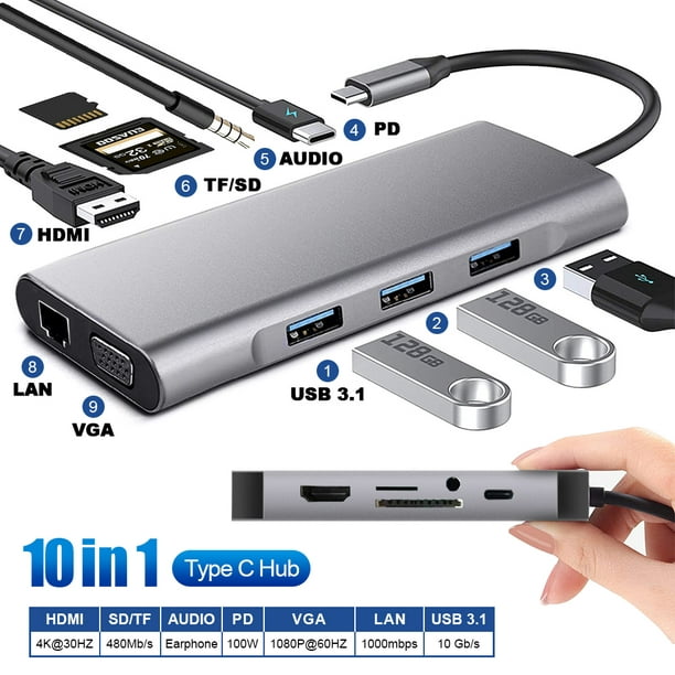 USB C C Hub,10 in 1 Adapter 1000M RJ45 Ethernet, 4K HDMI, VGA, USB 3.1 Ports, PD 2.0 Charging Port, Card Reader, Audio Mic Por for MacBook Pro,Chromebook - Walmart.com