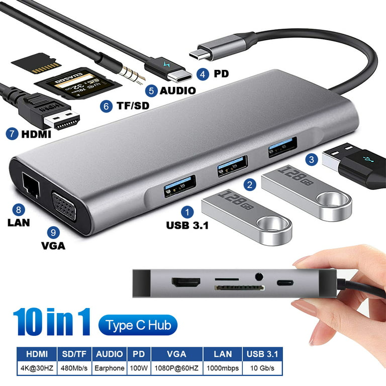 USB C Hub,Type C Hub,10 in 1 Adapter with 1000M RJ45 Ethernet, 4K HDMI,  VGA, USB 3.1 Ports, PD 2.0 Charging Port, Card Reader, Audio Mic Por for