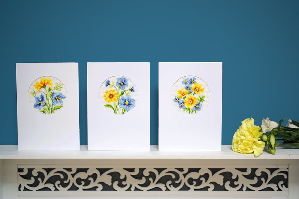 Vervaco Counted Cross Stitch Greeting Card Kit Blue and Yellow Flowers (Set of 3) 6″ x 4.2″