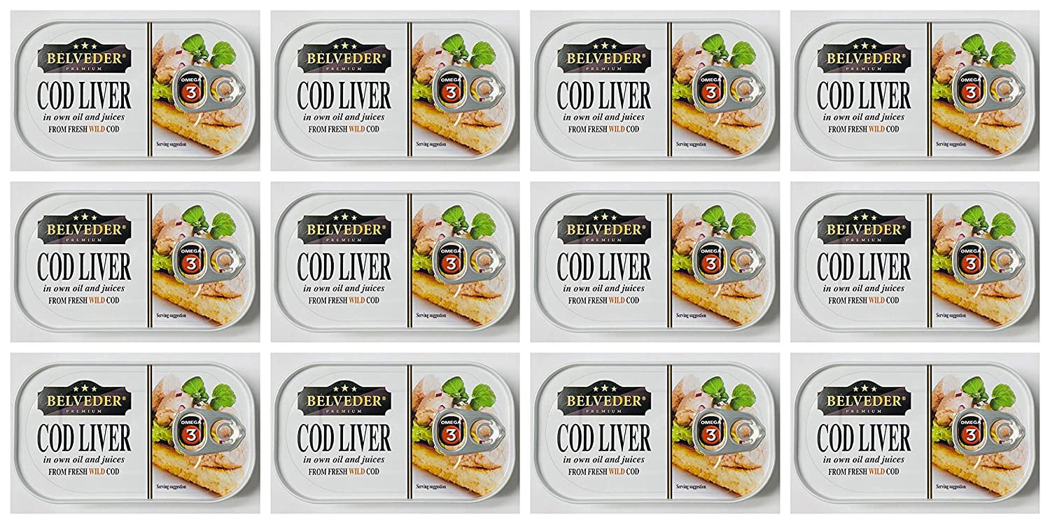 Belveder Wild Cod Liver in Own Oil from Iceland 120g/4.2 Oz | Source of Omega-3 Fatty Acids (Pack of 12)