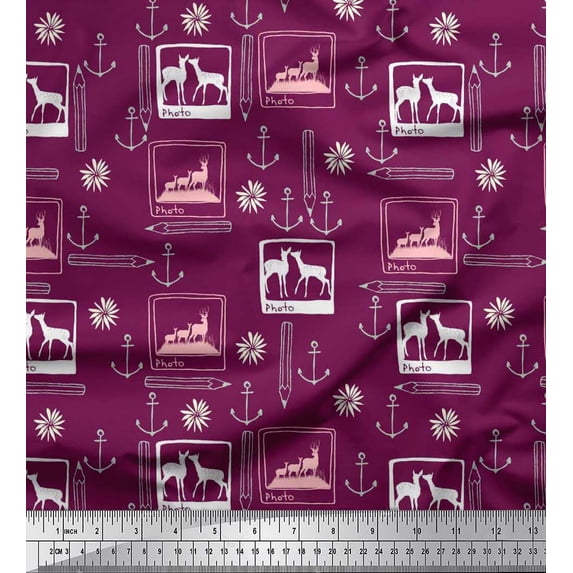 Soimoi Cotton Jersey Fabric Pencil,Anchor Hook & Deer Animal Decor Fabric Printed Yard 58 Inch Wide