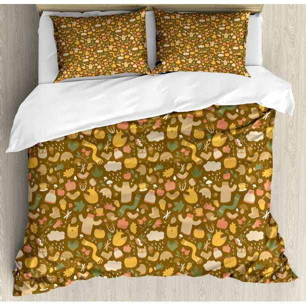 Autumn King Size Duvet Cover Set Fall Season Elements With Pumpkin Owl Scarf And Caps On - Owl Duvet Cover King Size