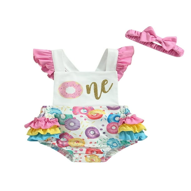 HAOAN Infant Baby Girl First Birthday Outfit Ruffle Donut Print Backless Romper Bodysuit with Headband Cake Smash Clothes Walmart