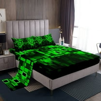 Erosebridal Futuristic Cubes Sheet Set Twin,Black Green Bedding Sets Twin Size,Geometric Plaid Twin Sheet Sets,Microfiber Teenager Bedroom Decor,3pcs