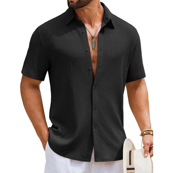 COOFANDY Mens Short Sleeve Casual Shirts Button Down Striped Summer Shirts Textured Vacation Beach Shirt