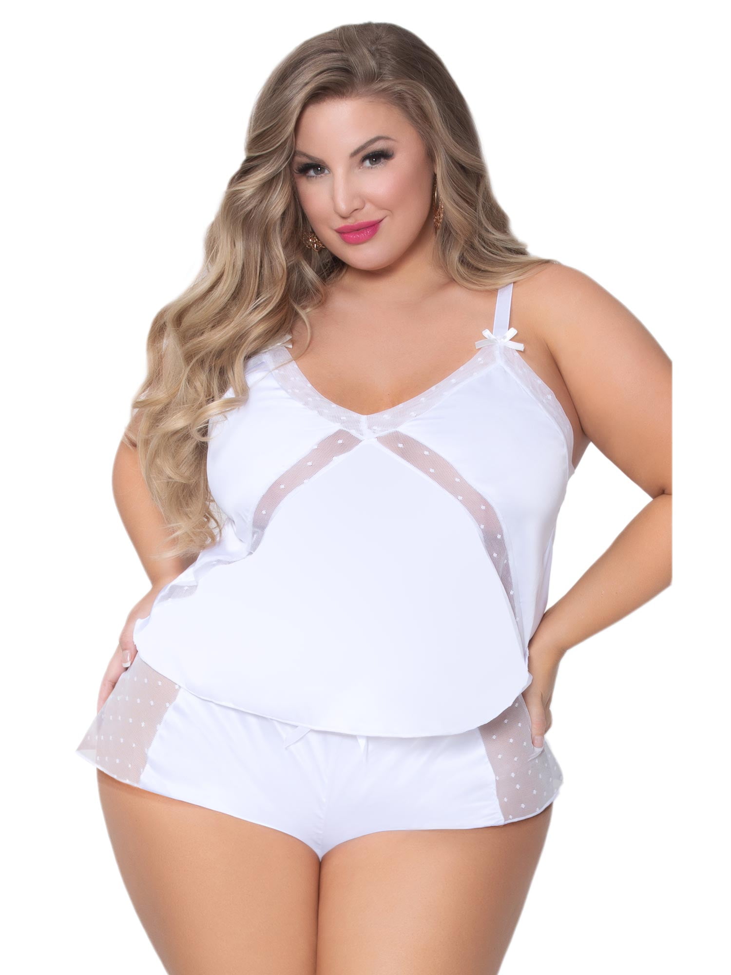 Womens Plus Size Satin Cami and Shorts Dot Mesh Sleepwear Pajama Set