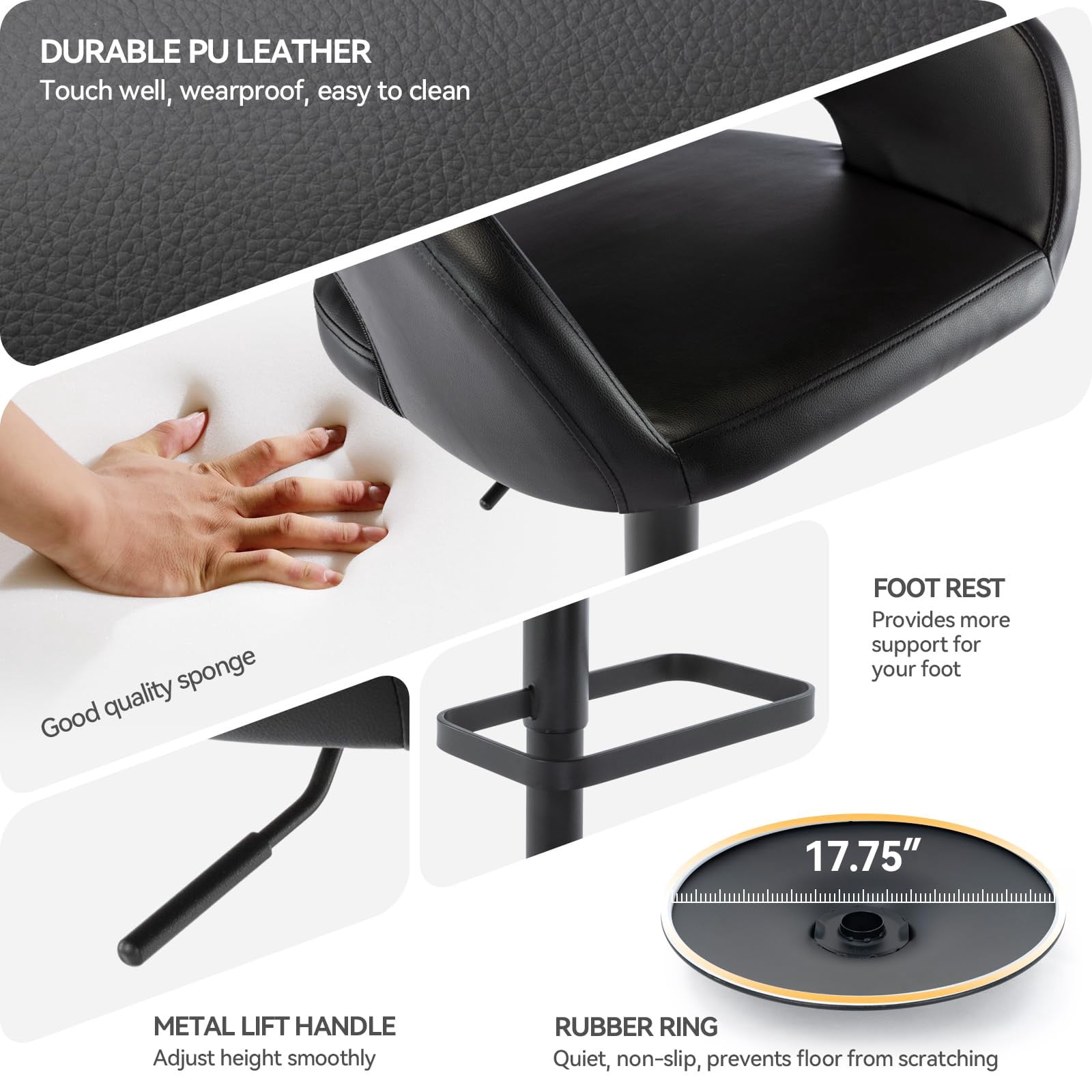 PU Leather Bar Stools, Adjustable Height 24."-32.25, Swivel Barstools with Back & Footrest, Upholstered Bar Chairs for Kitchen Island, Dining Room, Home Bar (Black, Black Base)
