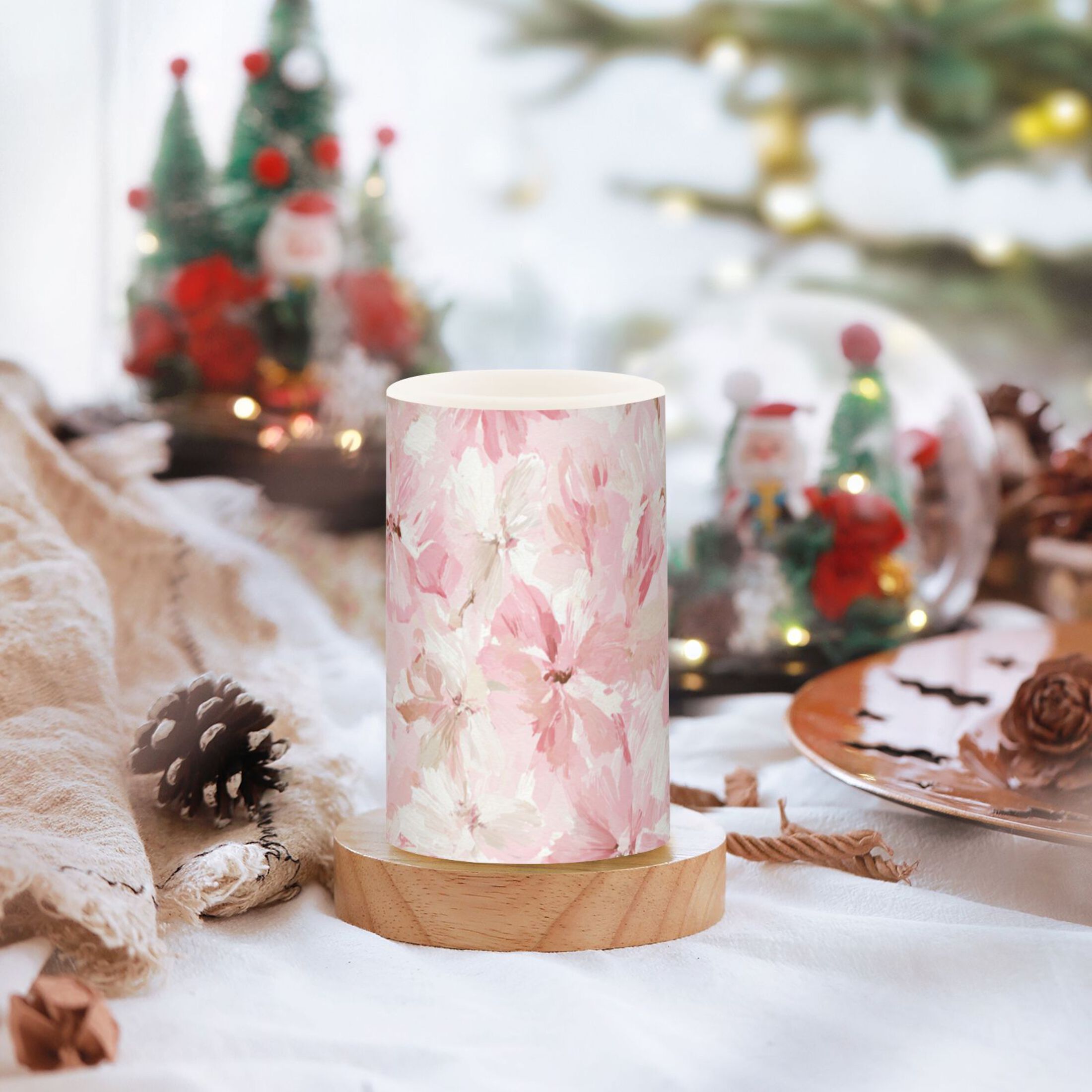 Pink Blossoms Bows Flickering Flameless Candles LED Tealight Battery Operated with Remote Set of 2 Holiday Decor Ornaments