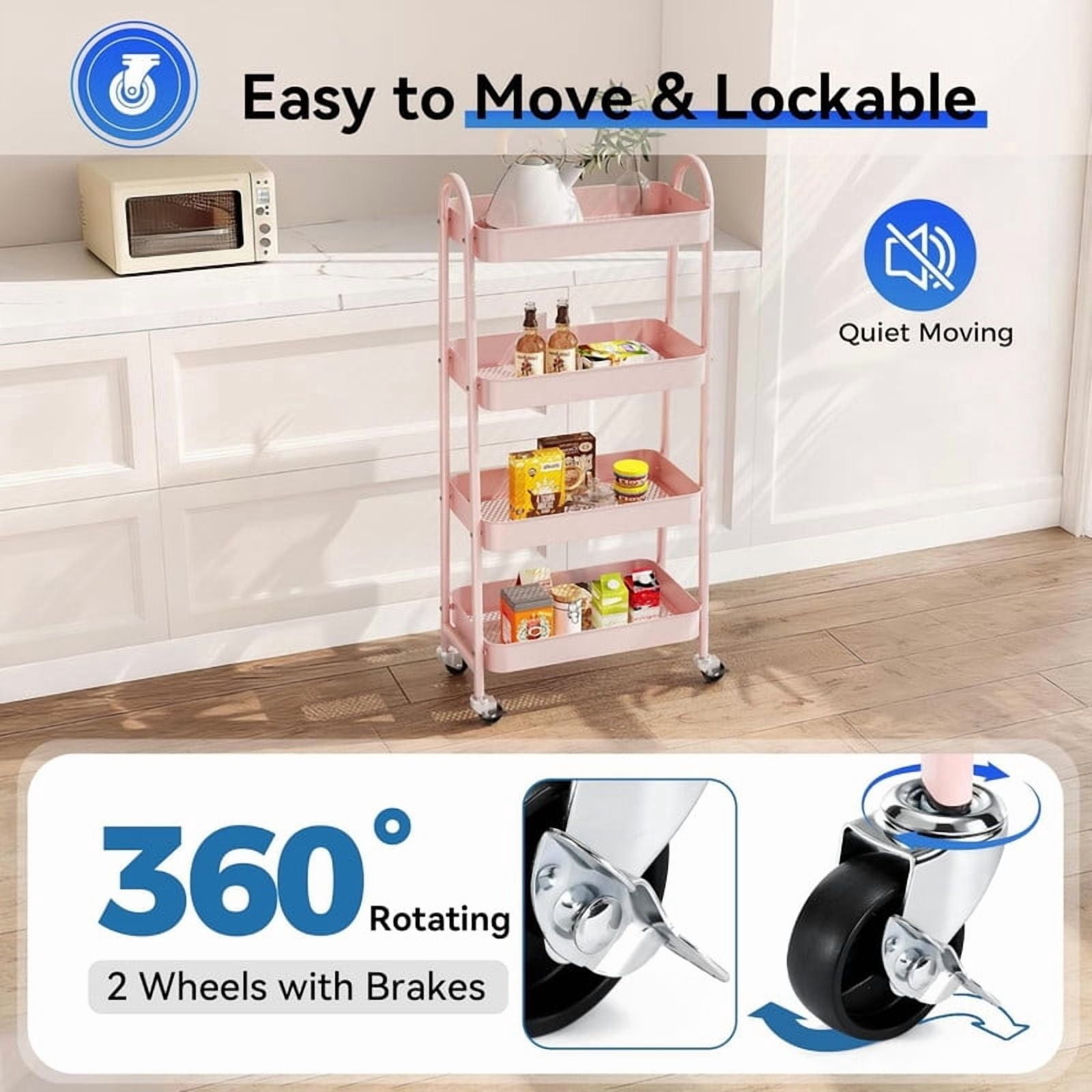 Kelno 4 Tier Rolling Cart Metal Utility Storage Cart Mobile Storage Organizer with Lockable Wheels,Pink
