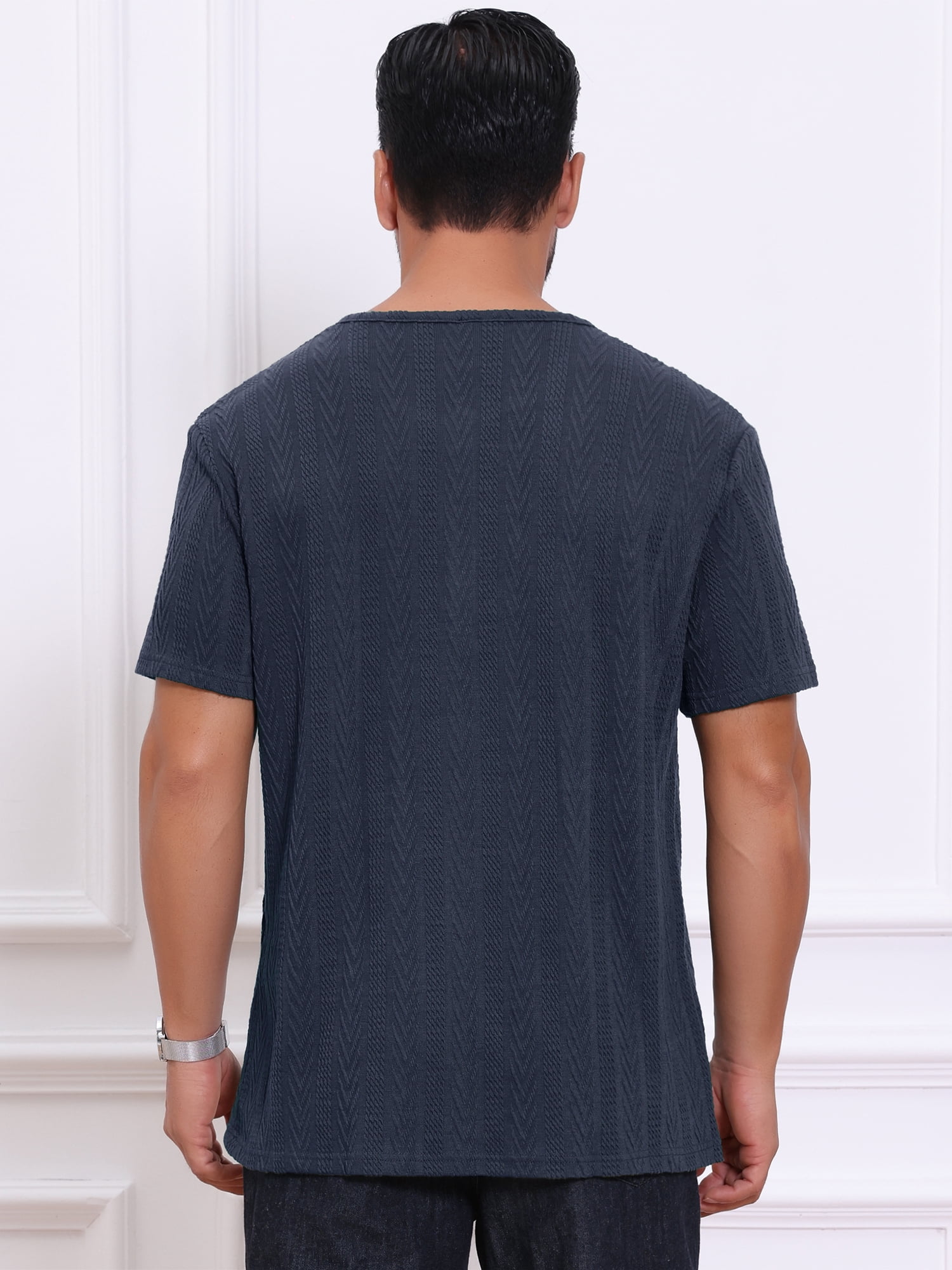 DARING DIVA Men's Henley Short Sleeve Button Down Jacquard Knitted T-Shirt S Dark Blue
