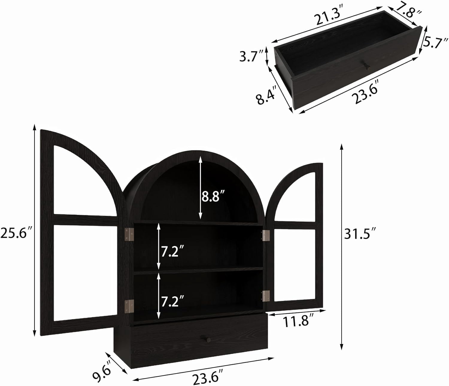 Wall Mounted Arched Medicine Cabinet, Bathroom Storage Cabinet with Glass Doors, Over The Toilet Floating Cabinet for Bedroom Kitchen, Black