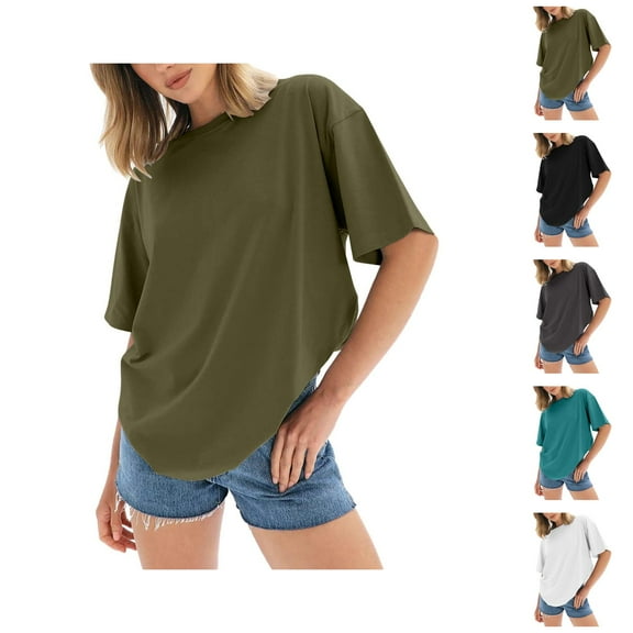 Oversized T Shirts for Women 2025 Short Sleeve Crewneck Loose Fit Plain Basic Tshirt Womens T Shirts