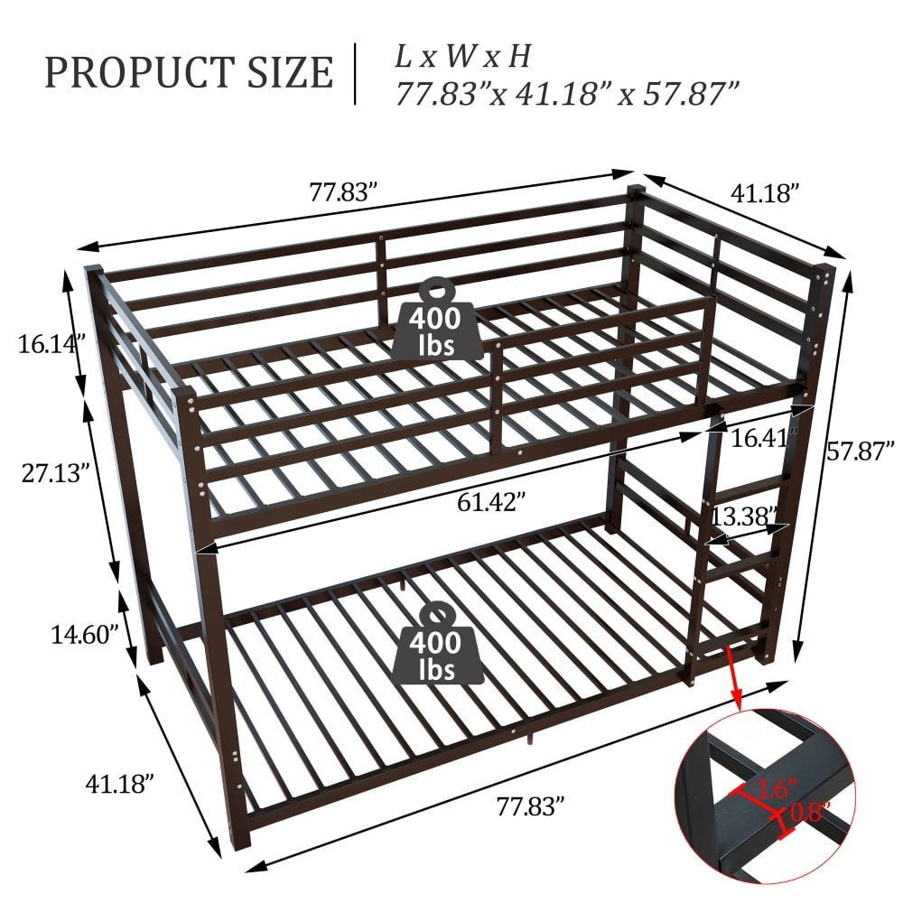 Twin Over Twin Bunk Bed with Ladder and High Guardrail, Metal Bunk Bed with Underbed Storage Space, Noise-Free Design, Black