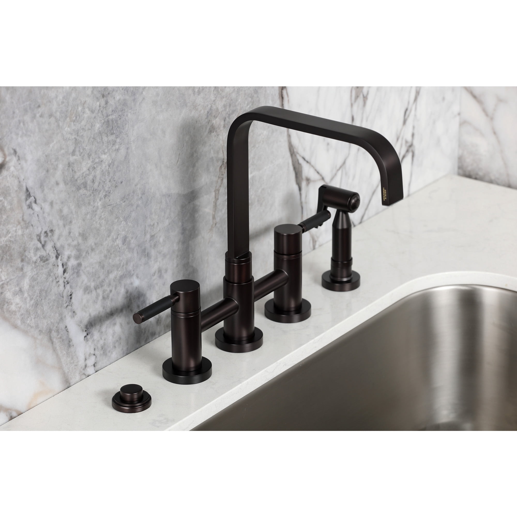Kingston Brass KS8255DKLBS Kaiser Two-Handle 4-Hole Deck Mount Bridge Kitchen Faucet with Brass Side Sprayer in Oil Rubbed Bronze
