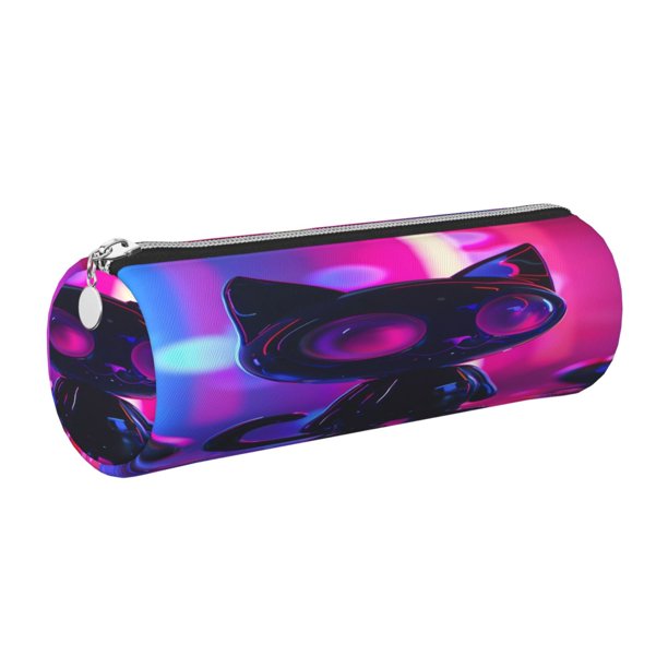 Disketp Neon Toy Cat Reflections Estuche Organizador de Lápices de Cuero, Estuche de Oficina con Cremallera para Bolígrafo y Lápiz