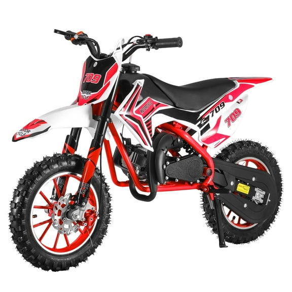 49cc Kids Dirt Bike - 2-Stroke Gas Powered Motocross with Front & Rear Disc Brakes, 30KM/H Max Speed Off-Road Mini Motorcycle (Red)