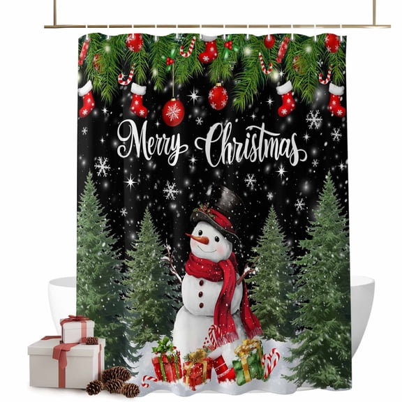 Christmas Shower Curtain Merry Christmas Balls Snowman Bathroom Curtains with Hooks, Waterproof Fabric Black Snowflake Pine Tree Bath Shower Curtains Set for Bathroom Bathtubs Xmas Decor 72x72 Inch