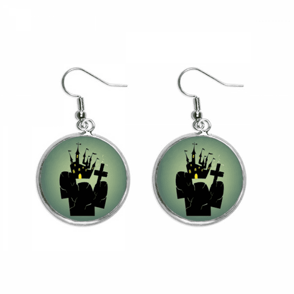 Cemetery Outside Castle Halloween Ear Dangle Silver Drop Earring Jewelry Woman