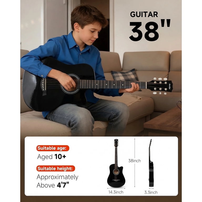 Moukey 38" Acoustic Guitar Beginner Kit, Black photo 7