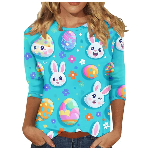 Bainana Easter T-Shirt For Women Fashion Floral Egg Bunny Printed Casual 3/4 Sleeve Round Neck T Shirt Top Ladies Festival Casual Tshirts Multicolour Size L