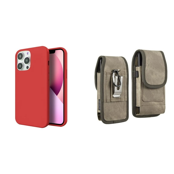 Slim Silicone Case and Belt Holster Pouch for iPhone 14 Pro Max (Red/Brown)