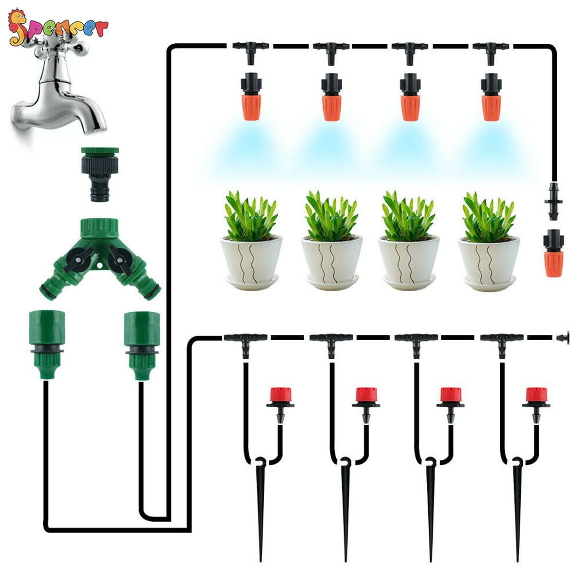 Spencer 98ft 30M Auto Micro Drip Irrigation System Kits Automatic Patio Misting Plant Watering System Set for Garden,Lawn