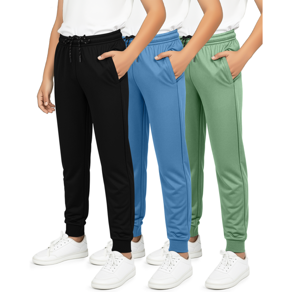 Real Essentials 3 Pack: Boy's Mesh Jogger Sweatpants - Youth Kids Baseball Football Athletic Pants with Pockets