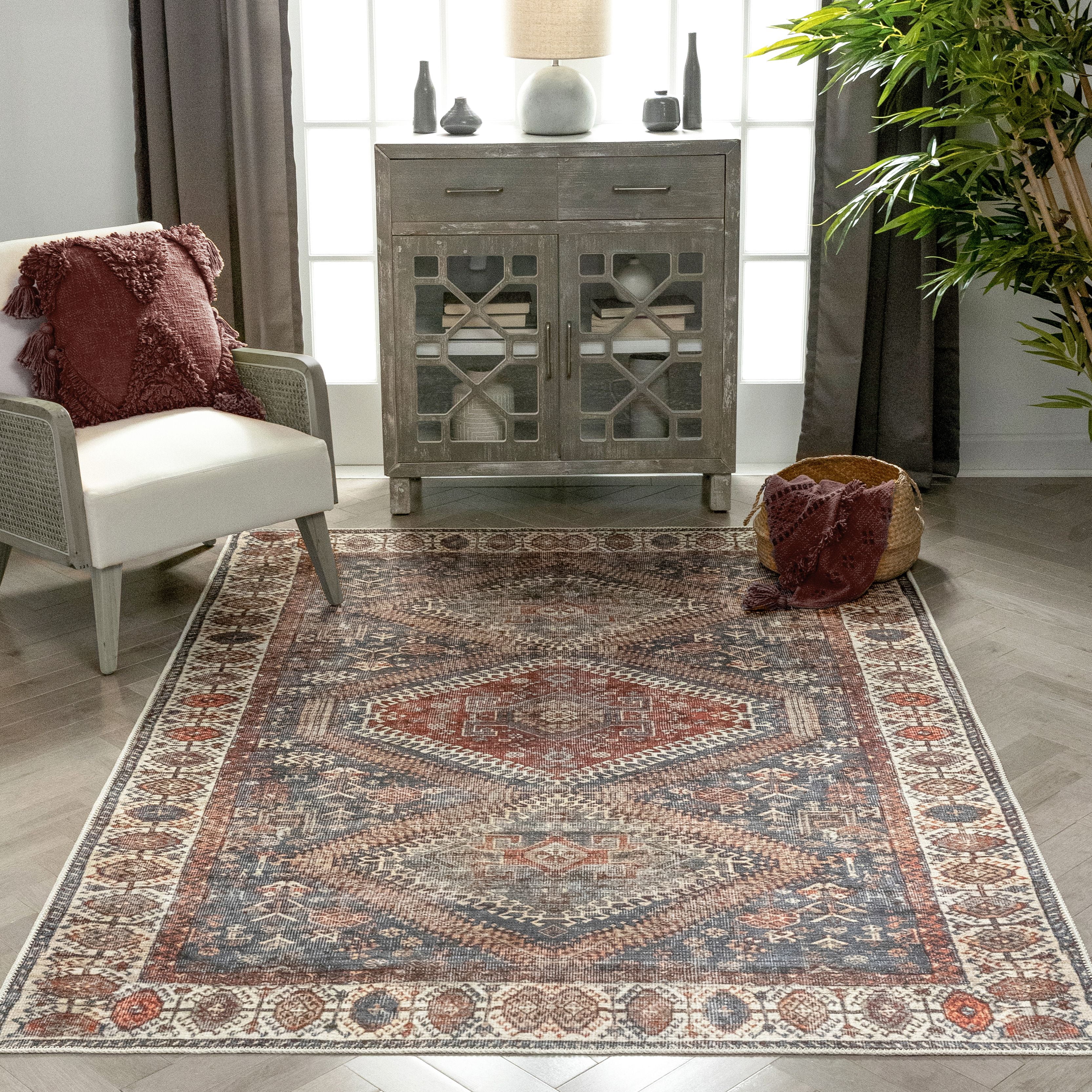 Well Woven Lotus Ripon Vintage Medallion Botanical Border Blue Red 3'11" x 5'3" Area Rug