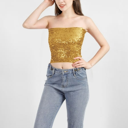 Up To 60% Off! pstuiky Tube Top With Built In Bra  Women S Solid Color Elastic Sequin Strapless Tube Top  Stylish Short Skirt Bandage Bra  Comfortable & Trendy For Summer Parties. Strapless Tops