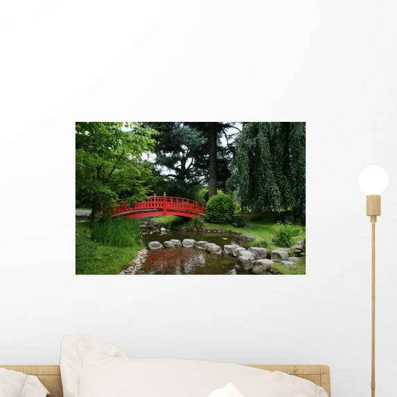 Red Bridge Japanese Garden Wall Mural by Wallmonkeys Peel and Stick Graphic (18 in W x 12 in H) WM299900