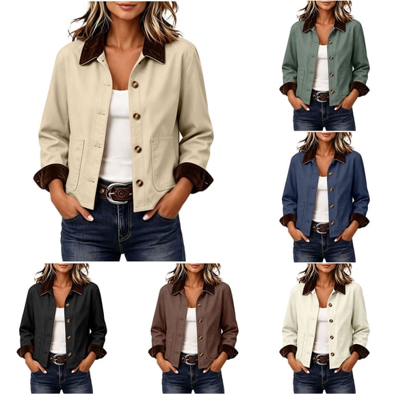 Women's Lapel Collar Corduroy Jacket Long Sleeve Button‑Front Casual Shacket Coat with Pockets, Loose Fit Fall Winter Outerwear Top for Daily Wear Navy-A