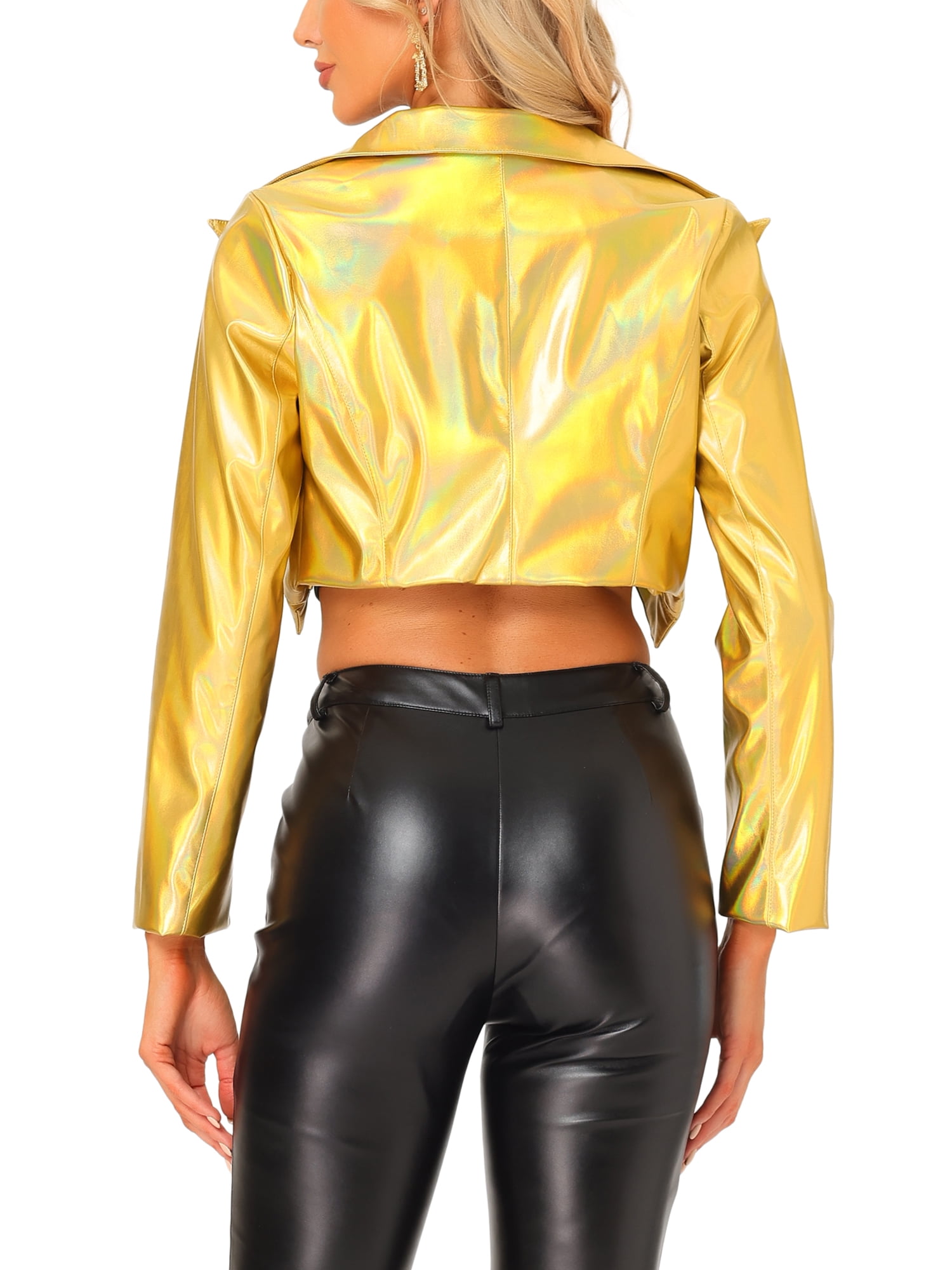 INSPIRE CHIC Women's Fashion Lapel Long Sleeve Metallic Holographic Shiny Jacket M Gold