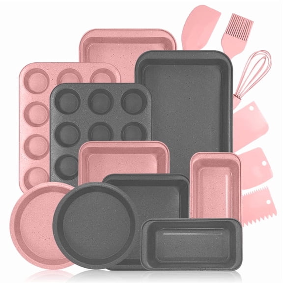Bakeware Set Baking Pan Set Non-Stick Kitchen Oven Round/Square Cake Pan, Muffin Pan, Baking Pan, Cookie Sheet Set Baking Supplies Christmas Gray Pink Snowflake Pattern