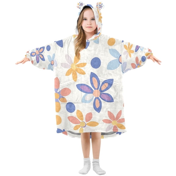 FORMRS Wearable Blanket Hoodie with Sleeves for Kids Cozy Flannel Sweatshirt, Blue Retro Flower