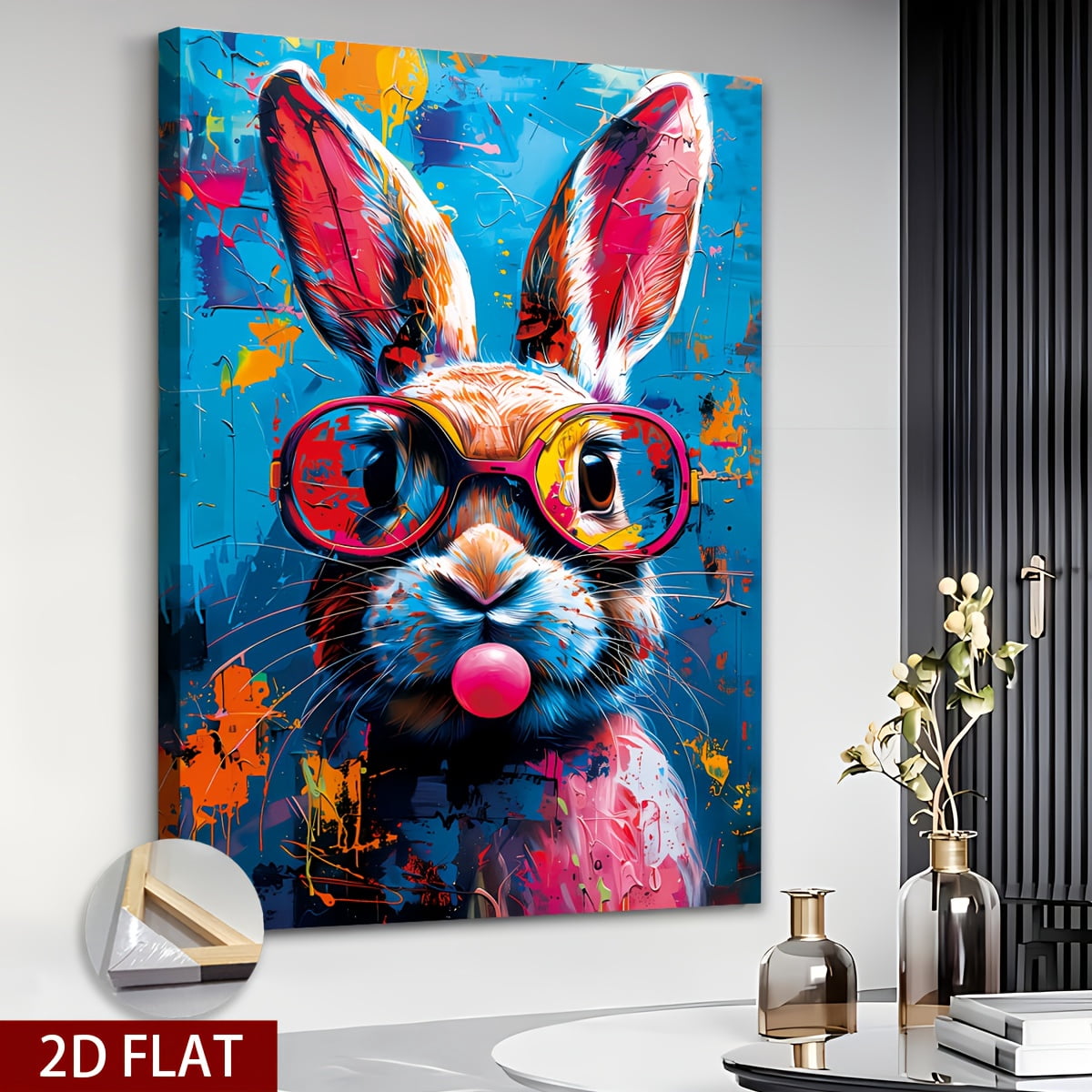 1pc Extra Large Canvas Wall Art - Modern Abstract Rabbit Painting with Pink Glasses, Bold Graffiti-like Colors - Ready-to-Hang Wrapped Canvas Print for Living Room, Bedroom, Office, Kitchen - Perfect