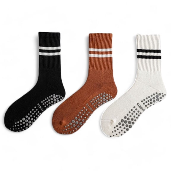 Women's 3-Pack Non-Slip Athletic Crew Socks with Striped Detail and Cushioned Support - One Size Fits Most, Multicolored-1