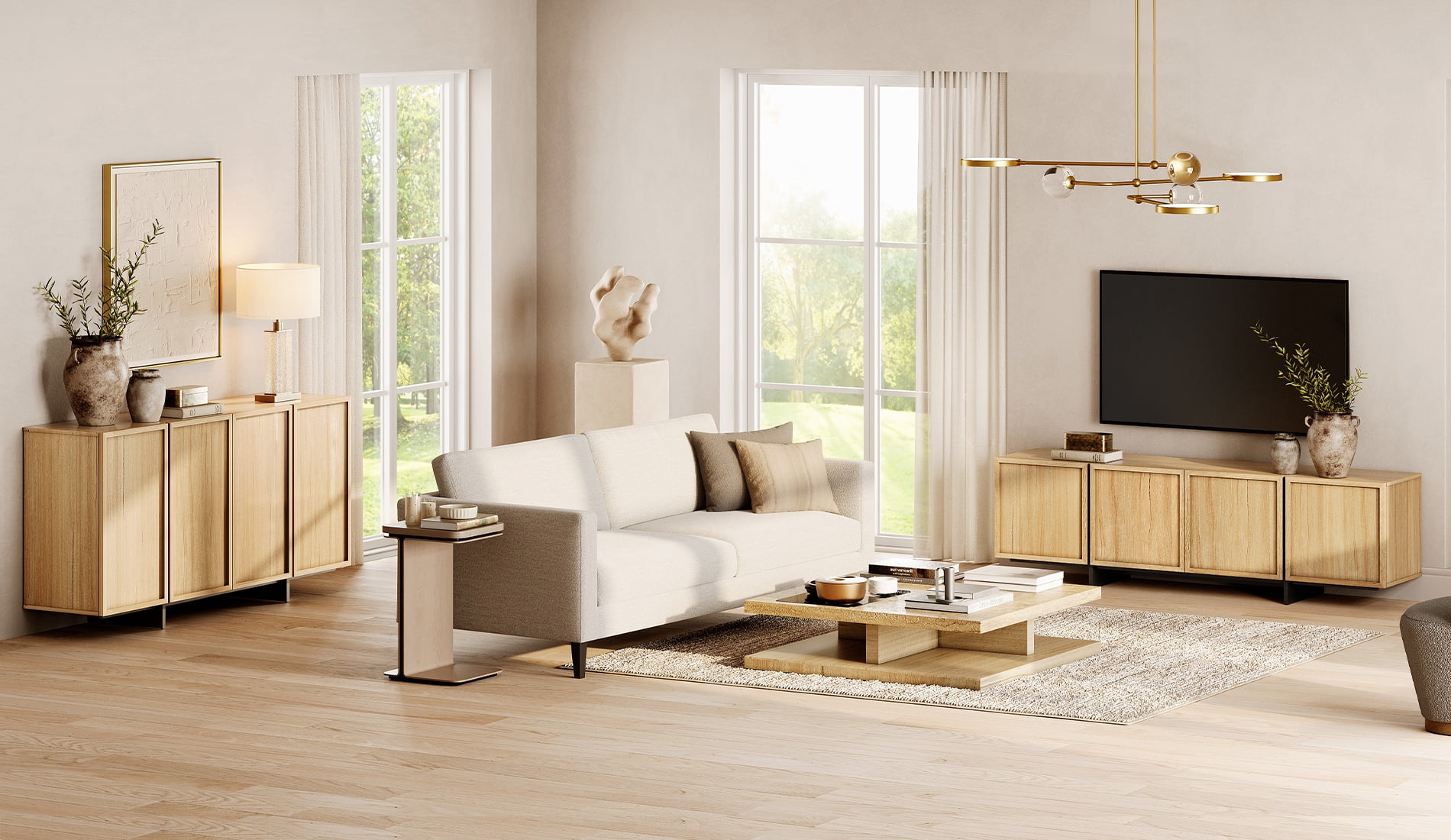 Modern 2-Piece Living Room Set, 70.9" TV Stand Entertainment Center & 63" Sideboard Buffet Cabinet, 4-Door Closed Storage with T-Shaped Legs, Coffee Bar Cabinet,Oak