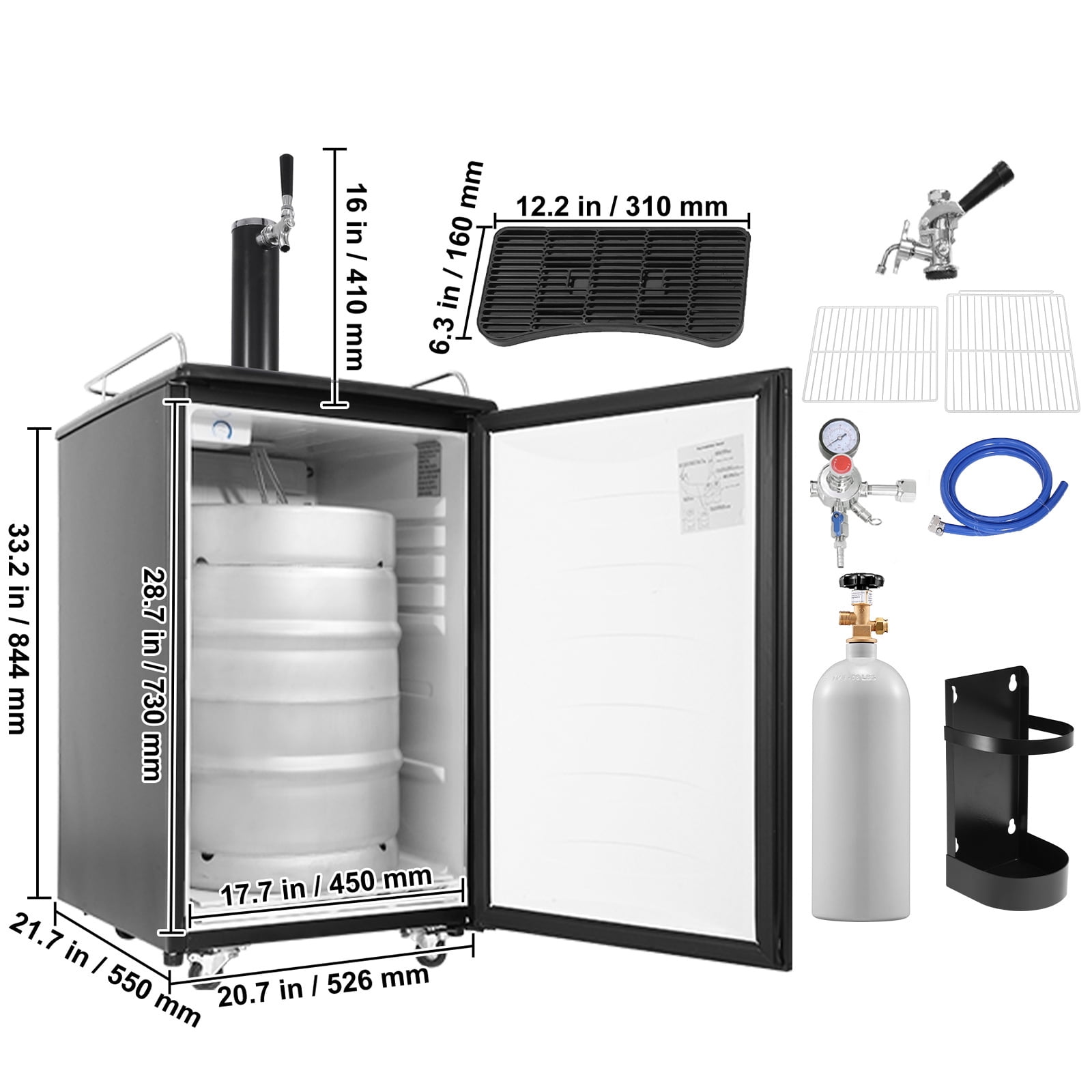 KFFKFF Beer Kegerator with Single Tap, Draft Beer Dispenser and Full-Size Keg Refrigerator, Includes Shelves, CO2 Cylinder, Drip Tray, and Rail, Adjustable Temperature Range 32°F-50°F