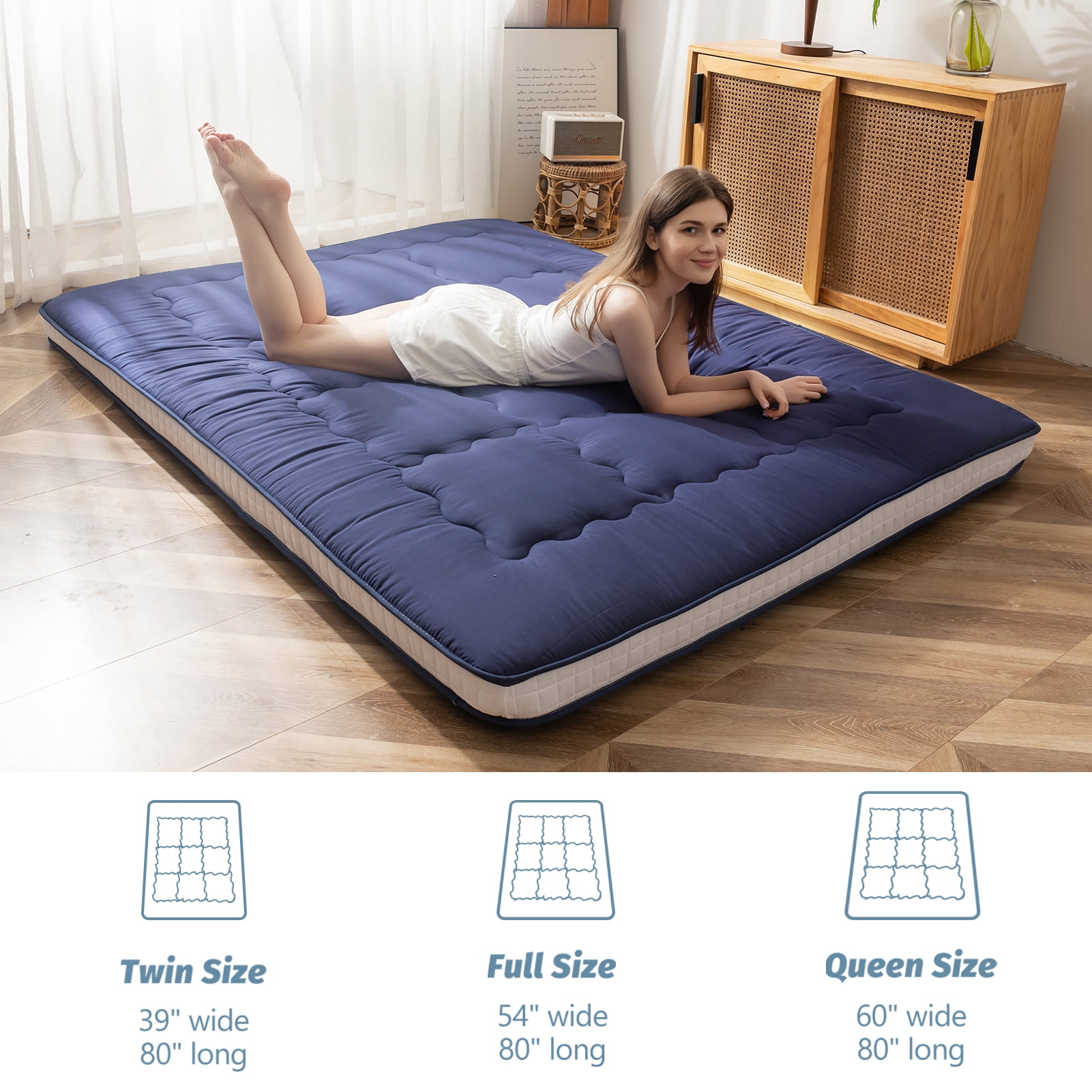 Traditional Floor Mattress, Japanese Futon Mattress for Adults, Rolling Up  Sleeping Mattress Tatami Mat for Guest Room Dormitory Bedroom,Navy,Full